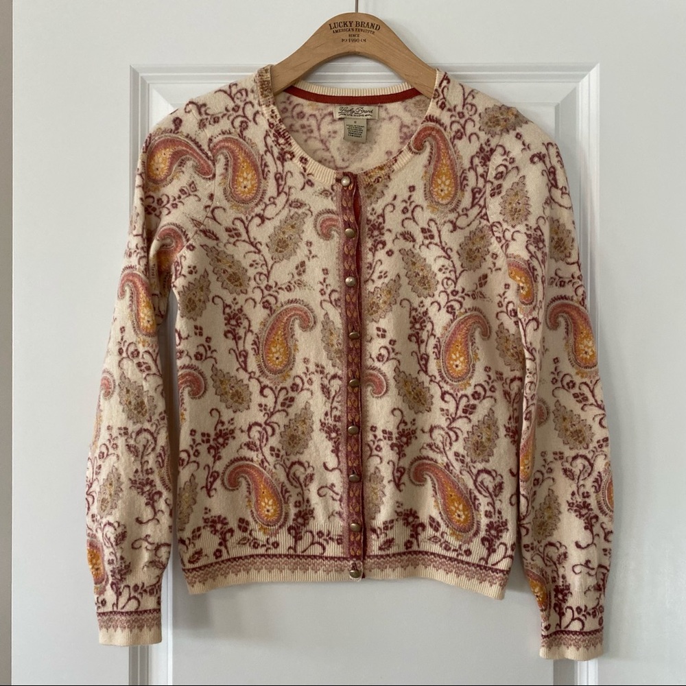 Lucky Brand Cream and Orange Cardigan with Paisley Pattern